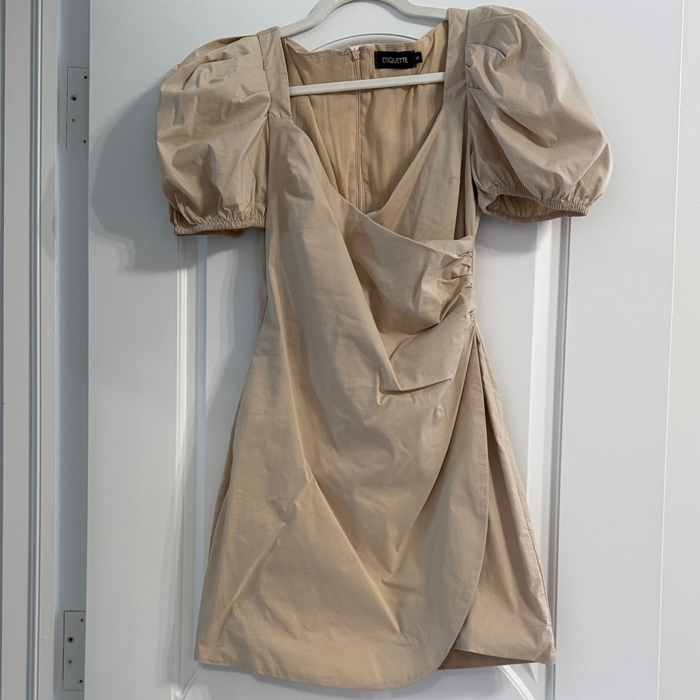 Etiquette Clothiers Beige Puff Sleeve Mini Dress